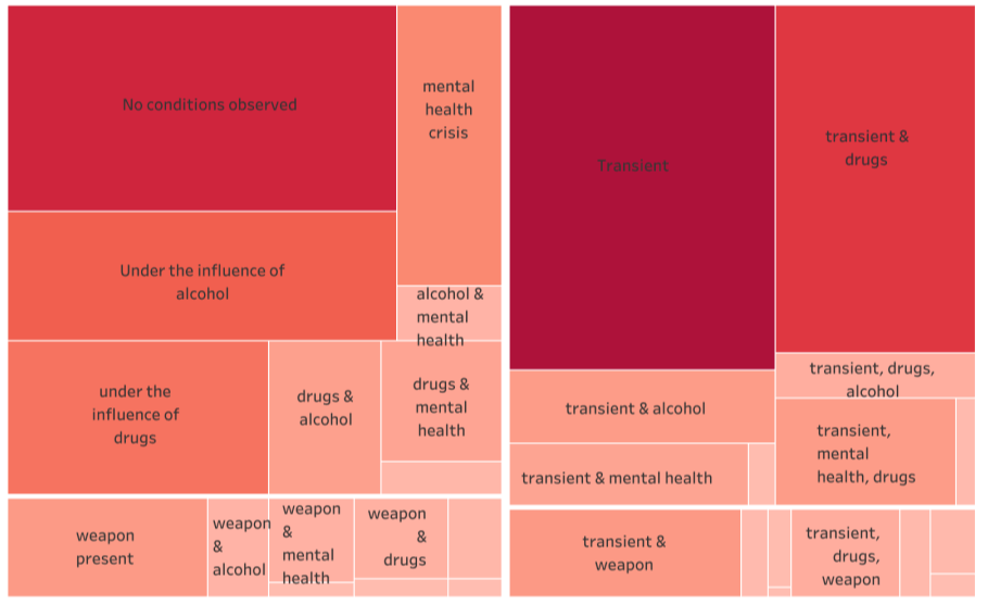 Visualization of conditions observed by police in subjects in use of force cases